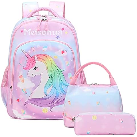 Unicorn Backpack Set Book Bags for School Unicorns Gifts for Girls Rucksack School 3 Piece Set with Lunch Bag & Pencil Case Cover