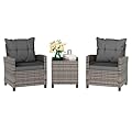 Vongrasig 3 Piece Patio Furniture Set Small Outdoor Wicker Rattan Front Porch Bistro Set Cushioned Patio Chairs Conversation Set with Glass Table for Lawn, Garden, Backyard, Balcony, Poolside (Gray)