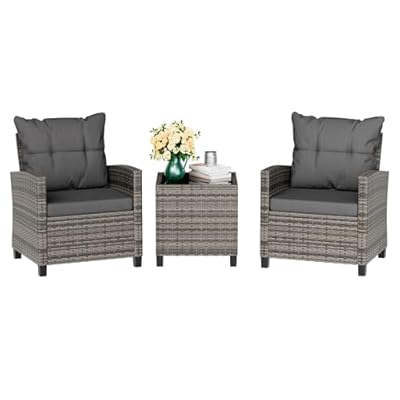 Vongrasig 3 Piece Patio Furniture Set Small Outdoor Wicker Rattan Front Porch Bistro Set Cushioned Patio Chairs Conversation Set with Glass Table for Lawn, Garden, Backyard, Balcony, Poolside (Gray)