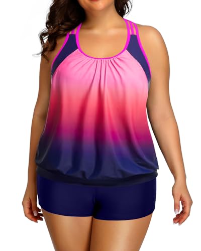 Image of Womens Plus Size Tankini Swimsuit Two Piece Tummy Control Bathing Suit | Blouson Racerback Tankini Top with Shorts, Double Up Design, Removable Pad