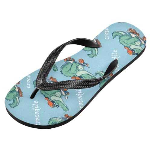 ALAZA Cute Crocodile Skateboard Flip Flops for Women Fashion Beach Slippers Comfort Mens Flip Flops Non-Slip Rubber Shower Slippers Sandal for Hotel Travel Sport,XS2