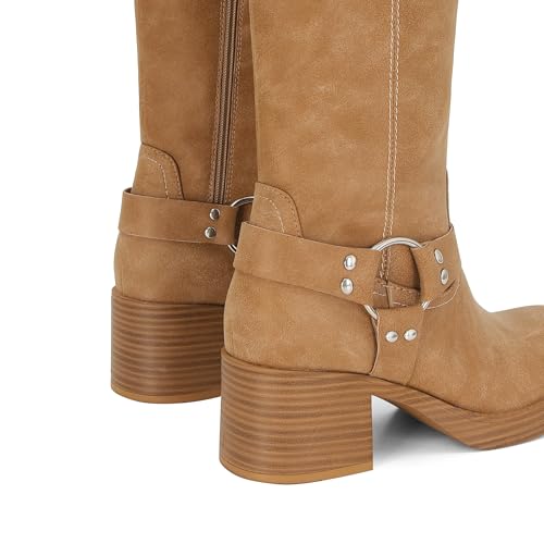 Women's Knee High Riding Boots Round Toe Block Heel Fashion Motorcycle Booties Side Zipper Wide Calf Biker Riding Boots with Studs3