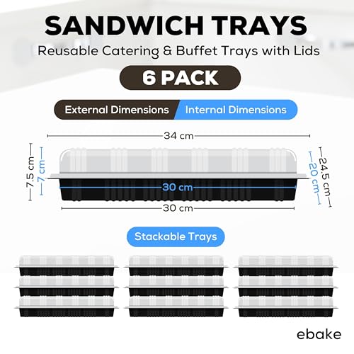 6 Pack Catering Trays with Lids – 13" Serving Tray with Lid, Heavy Duty Recyclable Plastic Party Platters for Catering, Buffet, Picnics & Events – Food Trays with Clear Lid (13.39 × 9.84 × 2.95 inch) - Image 3