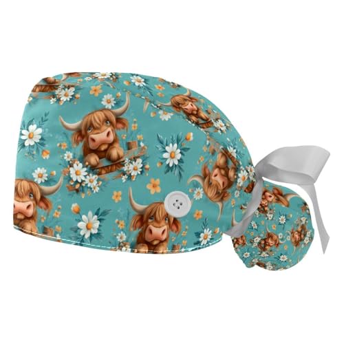 Image of 2 PCS Bouffant Cap with Button Ponytail Pouch Working Cap Sweatband Adjustable Surgical Cap Black and White Cow