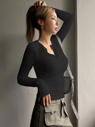 Image of Shasmi Women's & Girl's Long Sleeve Round Neck Solid Color Ruched Workwear Casual Top Half Button Down Henley T-Shirt for Women (Top 128)