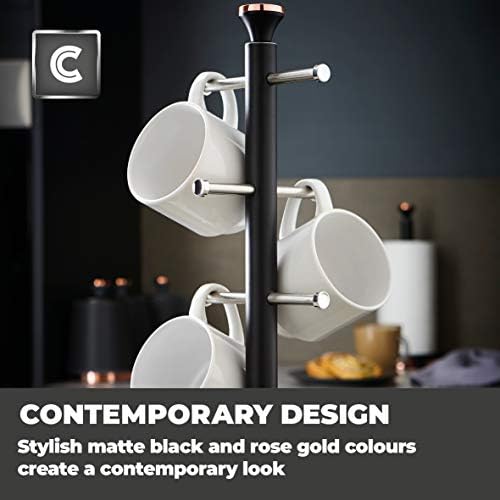 Tower T826132BLK Cavaletto Mug Tree with Stainless Steel Stoppers, Soft Underliner, Black and Rose Gold,13.5 x 13.5 x 43.5 cm
