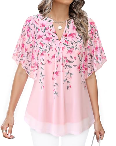 Image of Timeson Women's Short Sleeve V Neck Blouses Shirts Floral Double Layers Mesh Tunics Tops