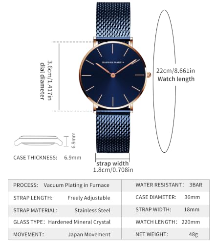 Image of HANNAH MARTIN Watches for Women Analog Women's Watch with Stainless Steel Expansion Band Minimalist Slim Dial 30M Waterproof Ladies Dress Wristwatch for Casual Daily Business