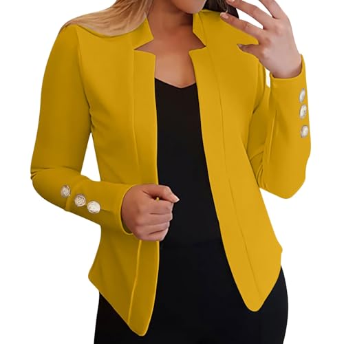 2025 Casual Blazers for Women Plus Size Lightweight Long Sleeve Jackets Business Office Work Suits Spring Fall Summer Teacher Oversized Outfits Linen Professional Dressy Ladies Yellow XX-Large