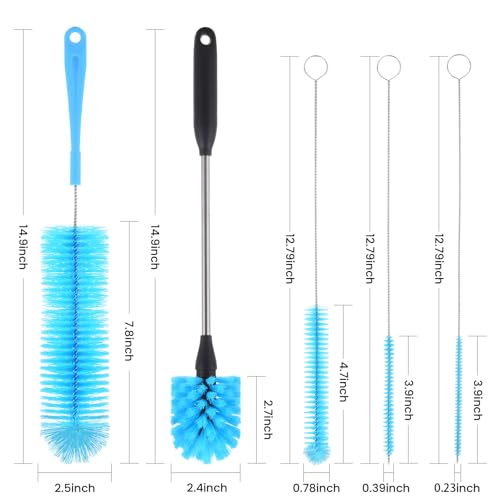 Image of 5 Pack Bottle Brush, Straw Cleaner Brush & Water Bottle Brush,15 in Stainless Steel Brush, Narrow Bottle Brush, 3 Straw Brushes, for Water Bottle, Coffee Mugs, Flasks, Glasses, Tumblers, Blue