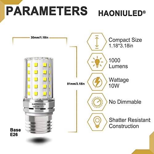 E26 10W Led Light Bulbs, 6000K Daylight White, 1000 Lumen, 100 Watt Equivalent Incandescent Bulbs, Non-Dimmable Edison Candelabra Ceiling Fan Led Bulbs, Flicker Free, Tubular Led Corn Bulb, 5 Pack #TOP1