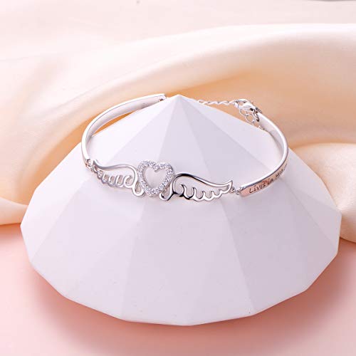 FLYOW S925 Sterling Silver A Piece of My Heart is in Heaven Bracelet Angel Wings Jewelry in Memory of Mom Dad Grandma Grandpa Daughter Son Loss Memorial Gift4