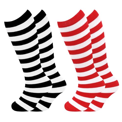 Image of Sarfel Kids Soccer Socks Toddler Soccer Socks Girls Boys Soccer Socks Kids Tube Socks with Stripes Toddler Knee High Socks, 2 Pack Black /White Stripe, Red /White Stripe, 3-6 Years
