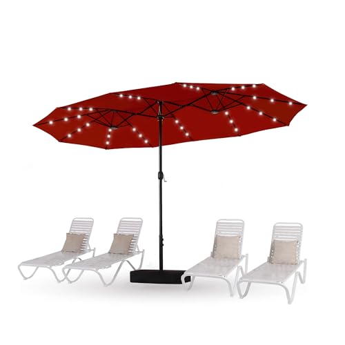 HERA'S PALACE 15ft Patio Umbrella with 36 LED Solar Lights, Double Sided Outdoor Umbrella for Patio, Table Umbrella Outdoor Patio with Base for Garden Pool