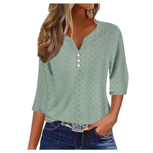 RLEHJN T Shirts À Manches 3/4 Femme Pas Cher Top Femmes Chic Et Élégant Tuniques De Mode Amples De Couleur Unie Tops Basiques Été-Printemps Décontractés Col V Tops Chemises Trois Quarts 2025