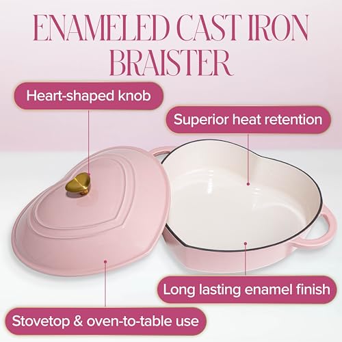Image of Paris Hilton Enameled Cast Iron Braiser, Heart-Shaped Skillet with Lid, Superior Heat Retention Casserole, Stovetop and Oven-to-Table, 3.5-Quart, Pink