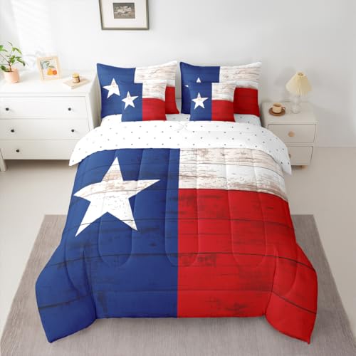 Image of Western Texas Star Comforter Set 7 Piece Bed in a Bag Twin | Vintage American Flag Bedding Sets Cowboys Gifts White Red and Blue Comforter and Sheet Set,Grunge United States Flag Farmhouse Bed Sets