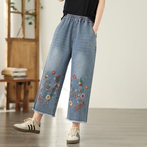 Women's Elastic Waist Cropped Jeans Embroidered Casual Pants with Pockets4