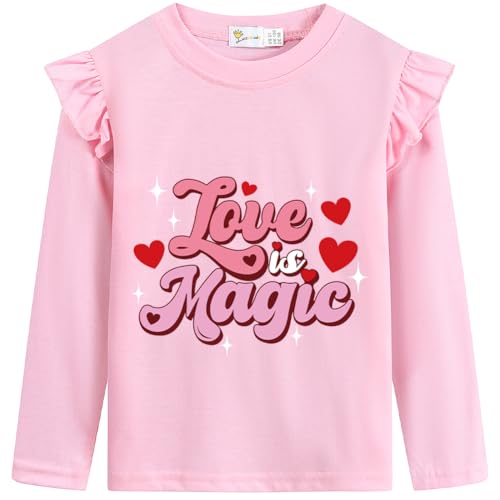 Image of Love is Magic Tshirt Girls Valentines Tee Kids Red Hearts Shirt Long Sleeves Ruffled Pink 7 Years