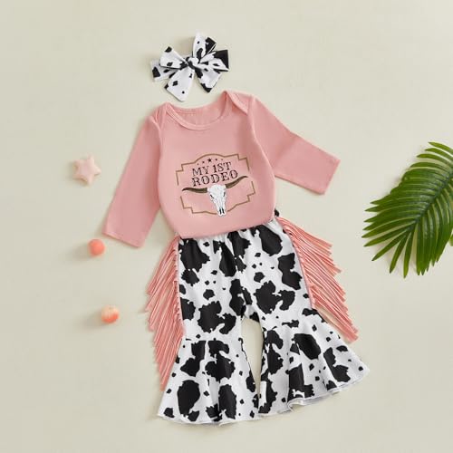 My First Rodeo Baby Girl Outfit Newborn Toddler Cowgirl Western Clothes Long Sleeve Romper Bell Bottom Pants Set3