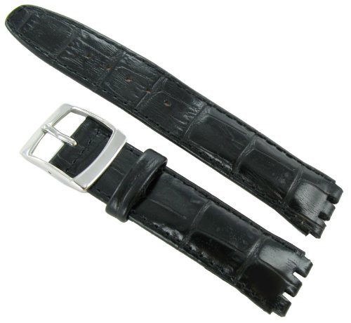 19mm Genuine Leather Alligator Grain Padded Black Watch Band Fits Swatch