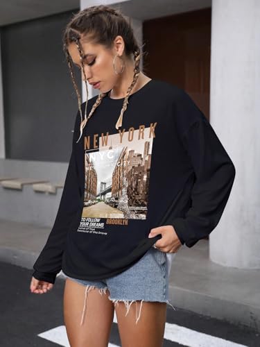 Image of CHKOKKO Oversized Round Neck Drop Shoulder Printed Polyester Full Sleeves T-Shirt for Women