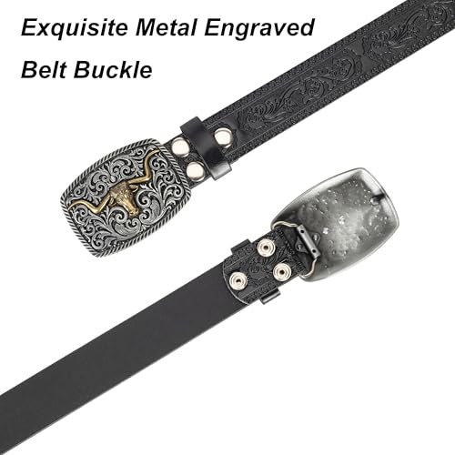 Image of Western-Cowboy-Leather-Belts for Women Turquoise-Oval-Buckle Embossed Belt