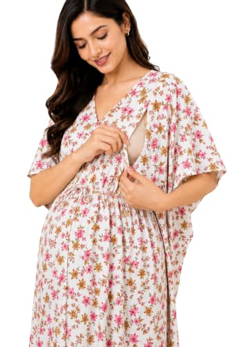 Image of Noty Women's- Kaftan | Maxi | Maternity | Feeding | Delivery Gown- Cotton Fabric- V Neck | Floral Print | 2 Pockets | Midi