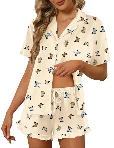 Image of Ekouaer Pajamas Set for Women Short Sleeve Sleepwear Button Down Pjs Lounge Sets Soft Nightwear