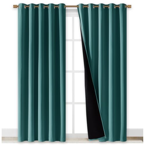Image of NICETOWN 100% Blackout Window Curtain Panels, Sea Teal, 2 PCs, 62 inch Wide Each Panel, Cold and Full Light Blocking Drapes with Black Liner for Nursery, 84 inches Drop Thermal Insulated Draperies