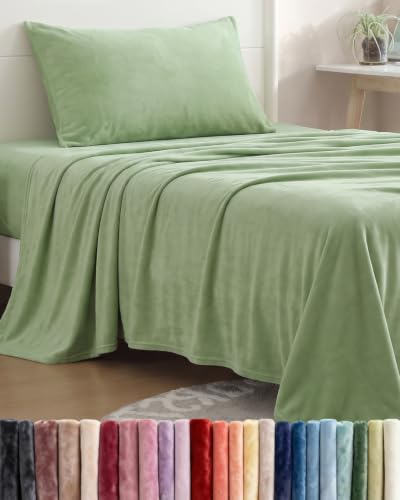 Image of Fleece Sheets Twin Size Set - 3-Piece Velvet Flannel Sheet Set - Sage Green