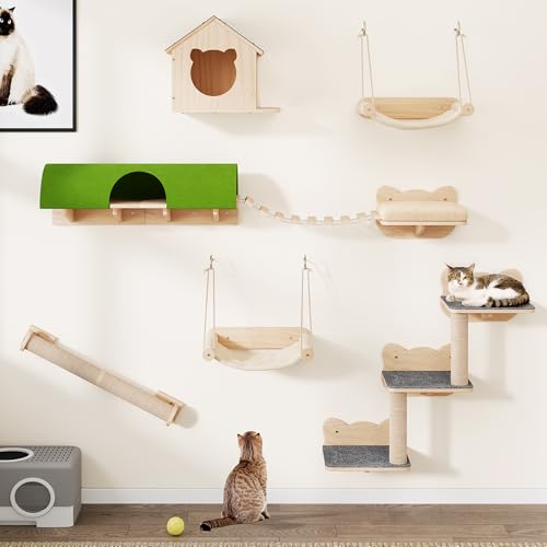 YITAHOME Katzenkletterwand-Set, Stabiler Holz Katzenmöbel, 7-Teilig Katzen Wandelemente mit Katzenhaus, Katzenhängebrücke, Katzentreppe,...