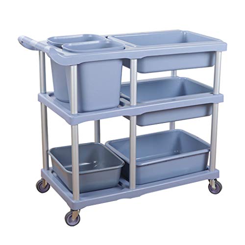 ZXD Service/Utility/Push Cart, 3 Shelves Utility cart 200 lbs Capacity, with 6 Multifunctional Buckets for Foodservice/Restaurant/Cleaning