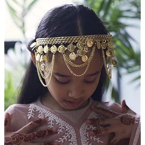 idealway Girls Belly Dance Hair Hoop Indian Gold Plated Dance Headband Tribal Headband with Chain and Coin Ornaments Cover