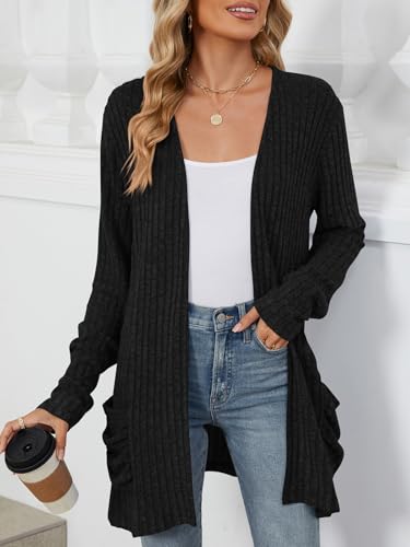 Image of Les umes Womens Open Front Lightweight Knit Cardigans V Neck Loose Long Sleeve Sweaters with Pockets