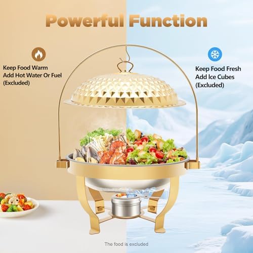 Stainless Steel Round Chafer Set, 8L/8.5QT Buffet Warmer with Hanging Lid, Ideal for Cafeterias, Family Gatherings, Banquets, Weddings, Catering Events