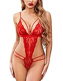Avidlove Women One Piece Lingerie Deep V Lace Bodysuit Babydoll Teddy Underwear Red Small