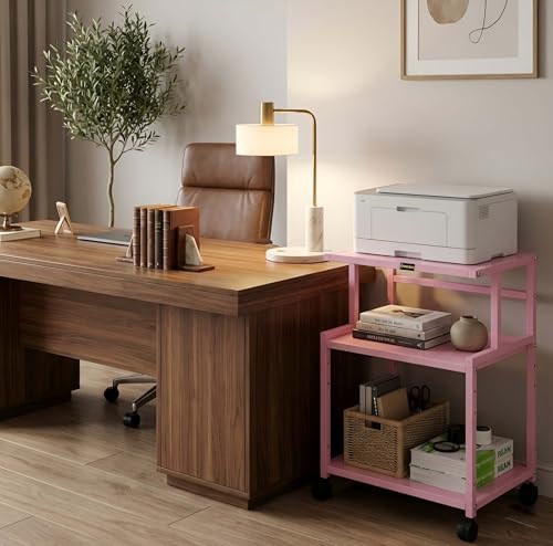 Image of Premium Metal Iron Pink Printer Stand with Wheels - Heavy-Duty & Stylish Storage Solution for Files, and Essentials - Durable, Modern & Perfect for Homes & Offices. (Pink)