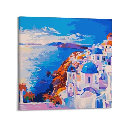 Poster paysage bleu de la Grèce JIDUHON avec cadre 50x50 cm