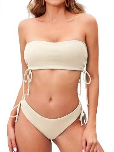 Women's Two Piece Swimsuit Bating Suit Tie Side Ribbed Bandeau Bikini Set