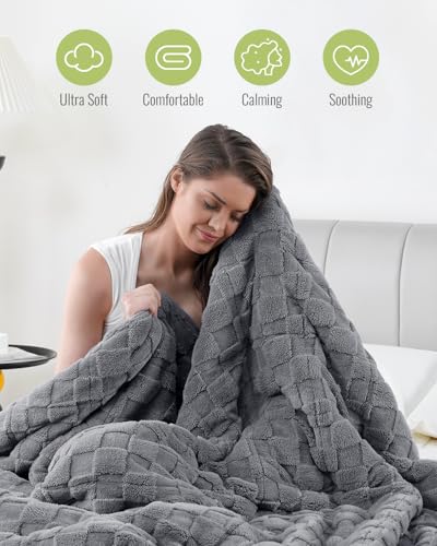Uttermara Sherpa Fleece Weighted Blanket Queen Size(20lbs, 60" x 80", Grey), 3D Jacquard Checkered Warm Sherpa Heavy Blanket for Adults, Soft Fuzzy Weighted Blankets for Couch Bed Sofa