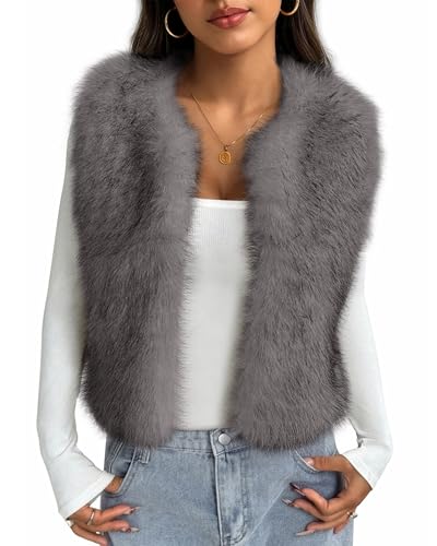 BTFBM Faux Fur Vest Women Fall Fashion 2026 Sleeveless Fuzzy Jacket Fluffy Coats Winter Clothing Furry Outerwear Vests(Grey, XX-Large)