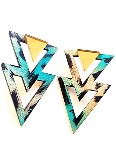 Charisma Eclectic, Aqua, Natural Wood Statement Earrings, Hypoallergenic Posts, Geometric Style For Women #TOP2