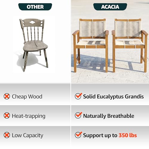 Image of Heritage Woven Rope Eucalyptus Wood Armchair, Set of 2 Oversized Wide Backrest for Enhanced Comfort - Handcrafted Outdoor Patio Dining Chairs, Solid Eucalyptus Boho Seating for Deck, Porch & Backyard