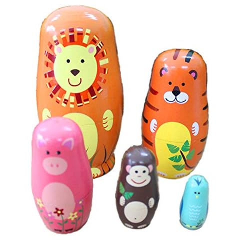 Oostifun 5pcs Cartoon Cute Handmade Russian Nesting Doll Playsets Wooden Animals Nesting Dolls Stacking Dolls Collection Decoration (Animals) Cover