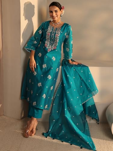 Image of Libas Art Embroidered Silk Blend Straight Kurta With Trousers and Dupatta | ethnic wear | bridal suit | wedding dress | occasion wear