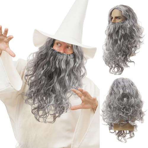 UILYNIU Wizard Peluca y Barba Larga Halloween Mago Cosplay Peluca con Barba Larga, Hombre Larga Peluca Gris Rizada para Fiesta de Disfraces, Peluca de Mago Fiesta Navidad Cosplay Peluca Adulto (Gris)