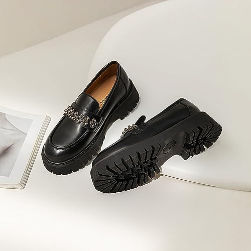 Image of Chunky Loafers Women Platform Loafers for Women Chunky Heel Lug Sole Loafers for Women Slip ons Round Toe