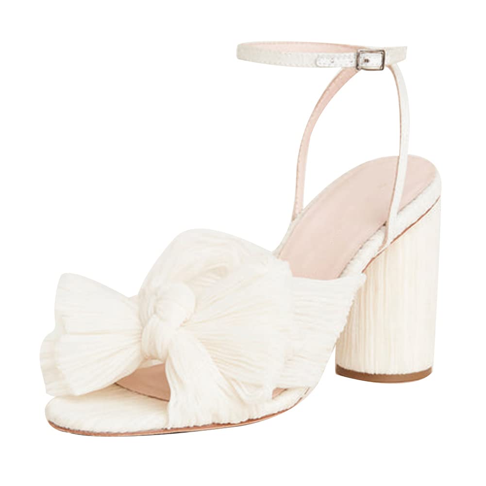 Womens Heeled Sandals Pleated Bow Knot Ankle Strap Open Toe High Block Chunky Heels Sandals Bridal Wedding Dress Shoes Pumps