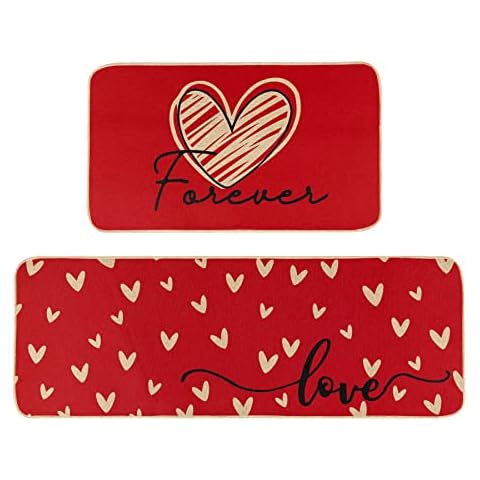 MELAJIA Valentines Day Kitchen Mats Red Forever Love Kitchen Rug Sets 2 Piece Floor Mats Non Slip Rubber Backing Low-Profile Farmhouse for Party Decor Home Front Door(17x29 +17x47 Inch) Cover